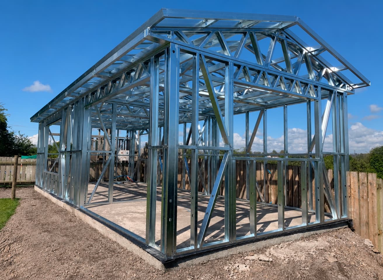 CNC-formed steel shed frame under assembly