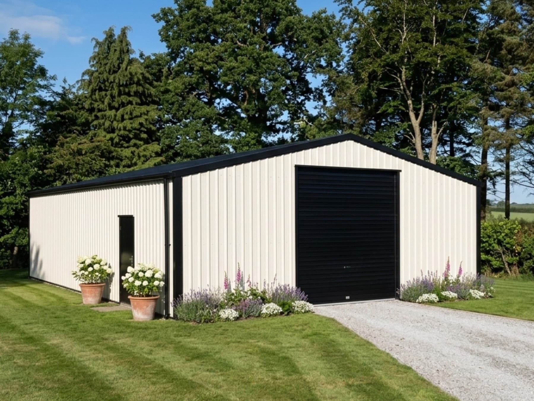 Finished cream steel shed with a black roller door and a separate side door, standing on a lawn