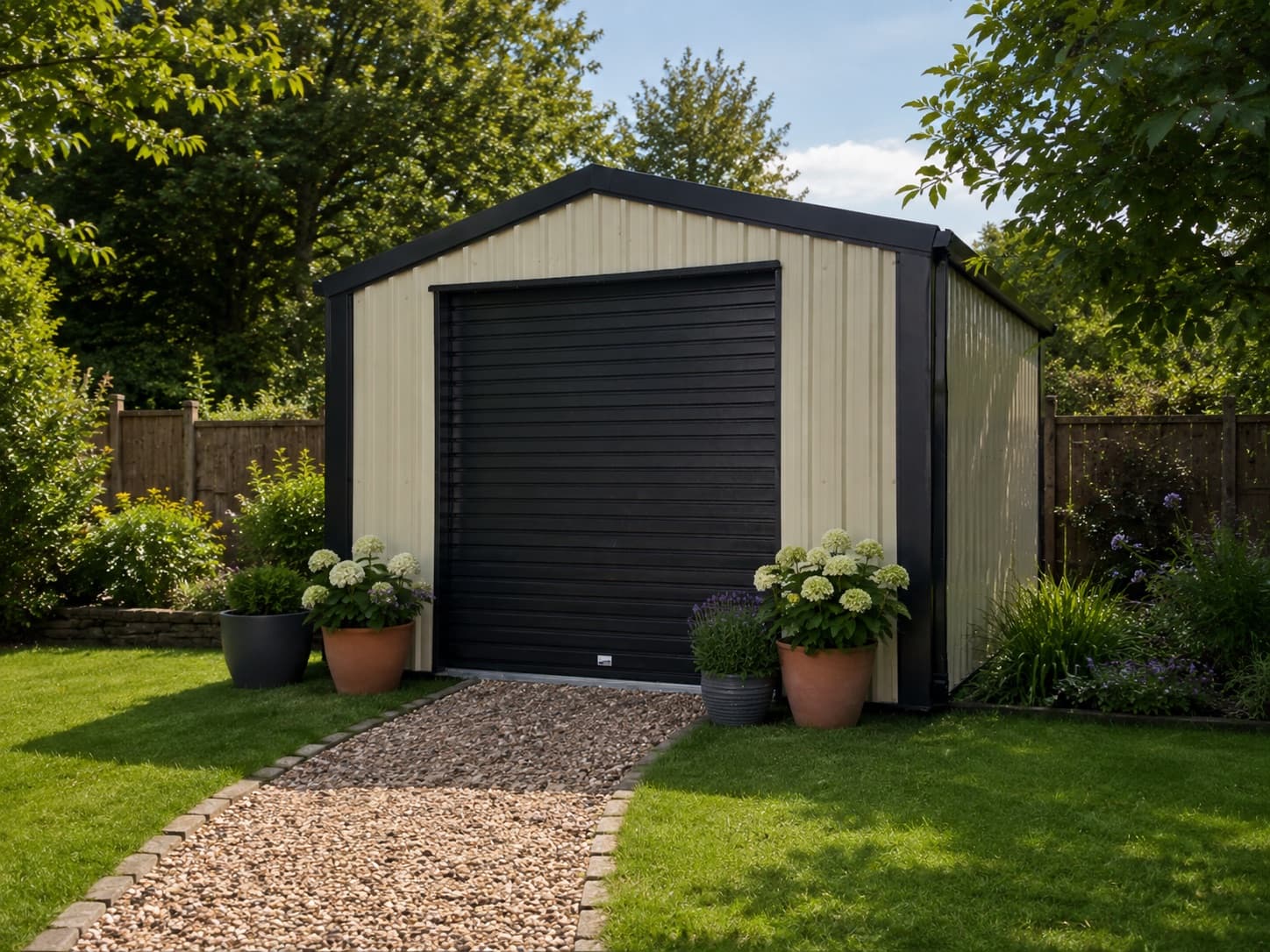 Cream steel shed with a black roller shutter door at the end of a gravel path
